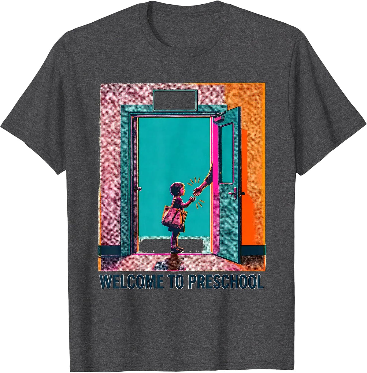 Men's Welcome To Preschool Risograph Playful Teacher Appreciation T-Shirt - Dark Heather Grey
