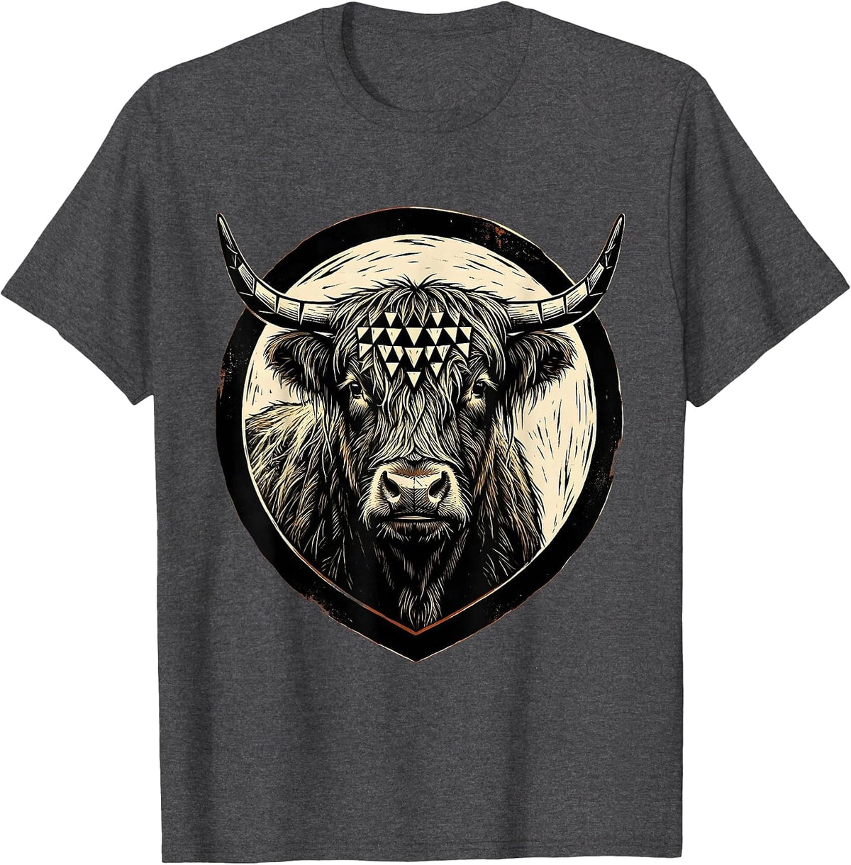 Geometric Highland Cow Low Poly Triangle Art T-Shirt - Dark Heather Grey