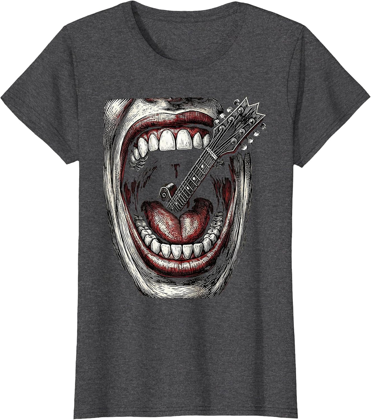 Women's Rock and Roll Screaming Mouth Electric Guitar Art T-Shirt - Dark Heather Grey