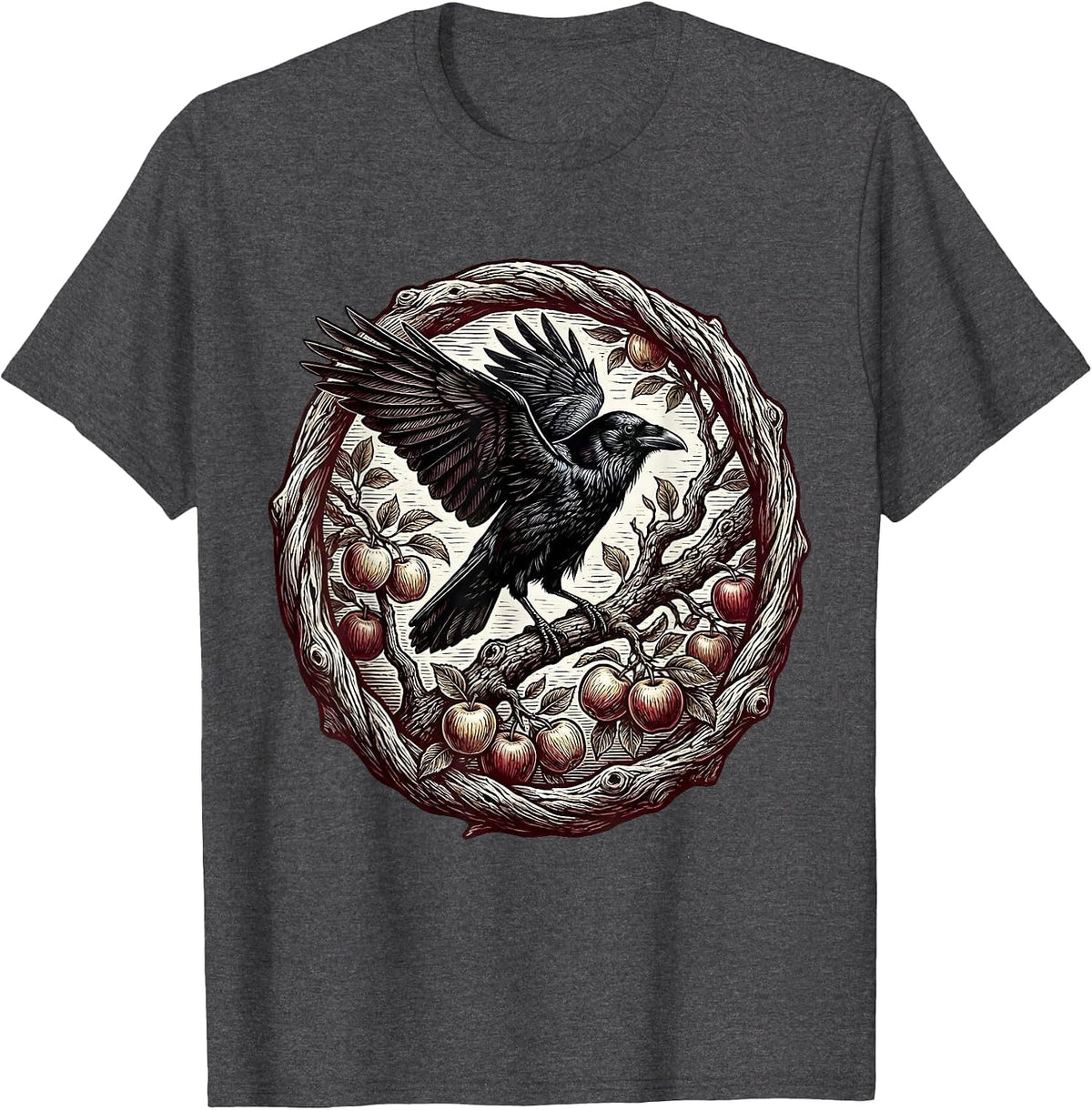 Men's Crow on Apple Branch Fall Harvest Illustration T-Shirt - Dark Heather Grey