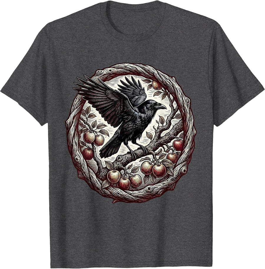Men's Crow on Apple Branch Fall Harvest Illustration T-Shirt - Dark Heather Grey