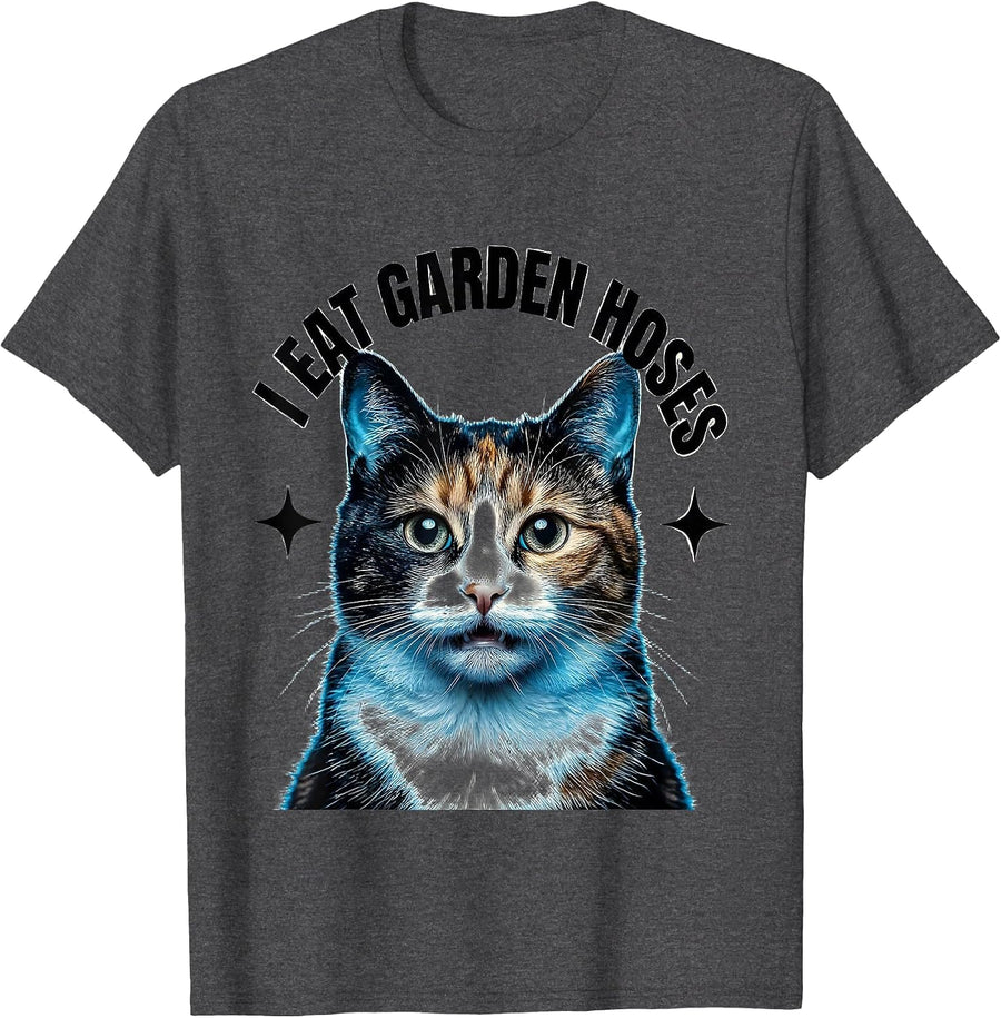 Men's I Eat Garden Hoses Funny Cat Meme Bootleg Graphic T-Shirt - Dark Heather Grey