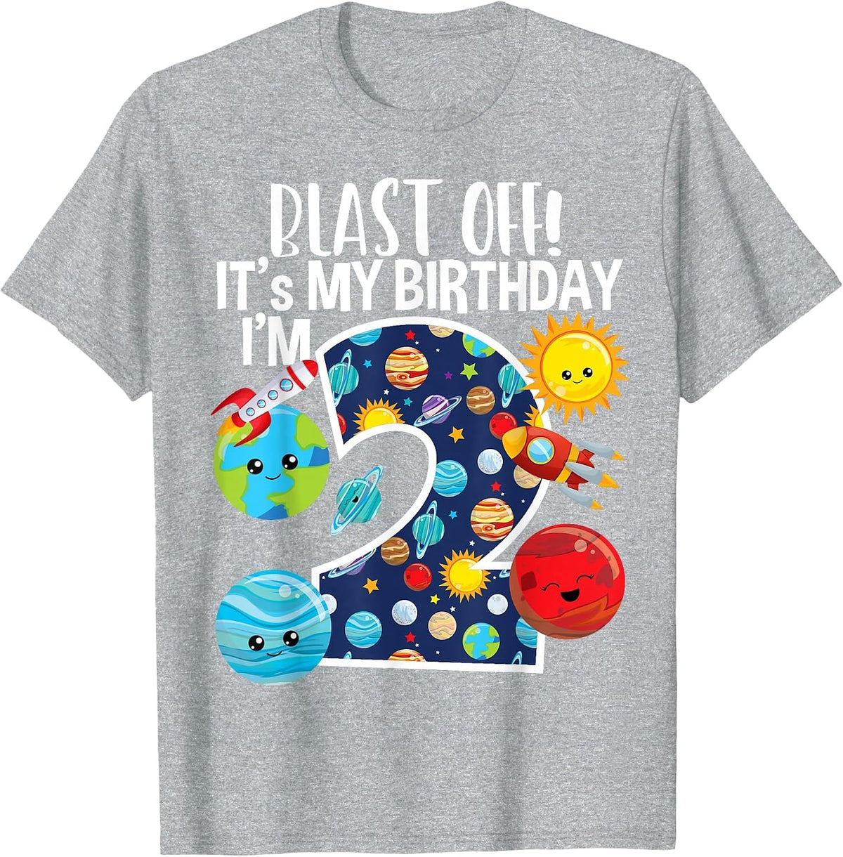 Space Planets Funny Solar Space 2nd Birthday Party 2 Yrs Old T-Shirt - Heather Grey