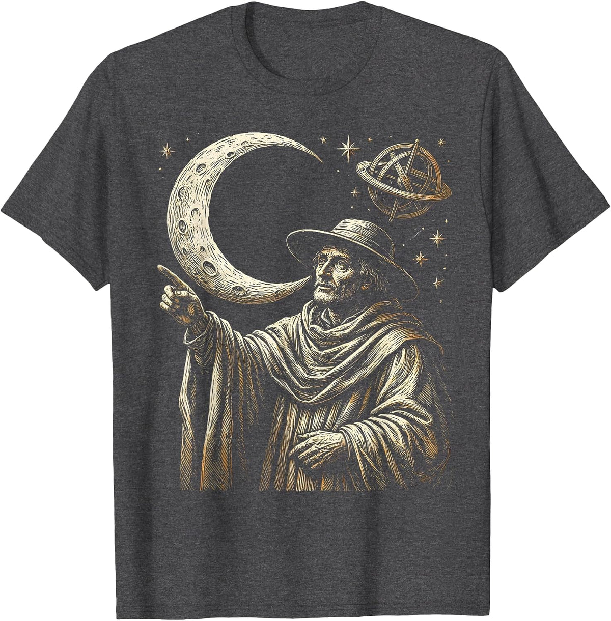 Renaissance Astronomer Crescent Moon Illustration T-Shirt - Dark Heather Grey