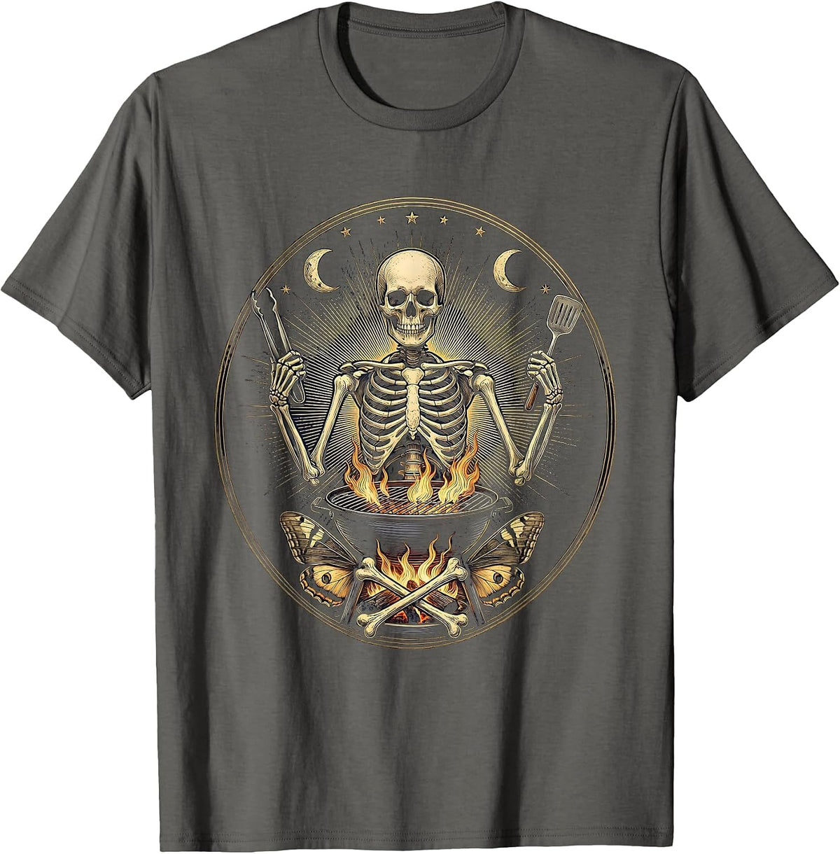 Skeleton Dad Grilling Burgers Backyard BBQ T-Shirt - Asphalt Grey