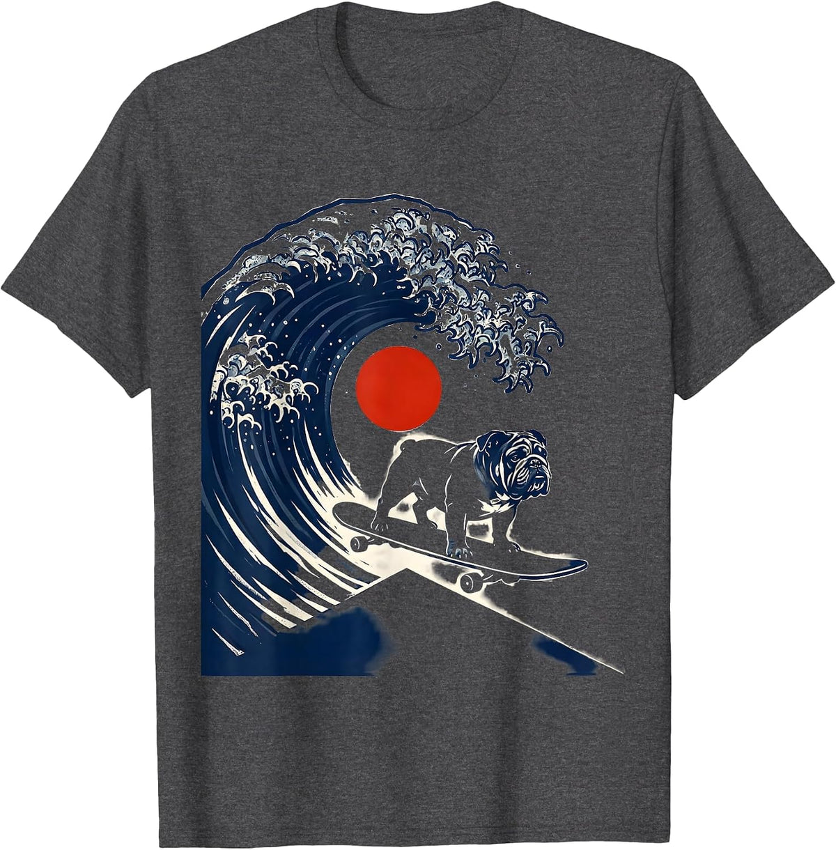 English Bulldog Japanese Kanagawa Wave Surfing Dog Breed T-Shirt - Dark Heather Grey