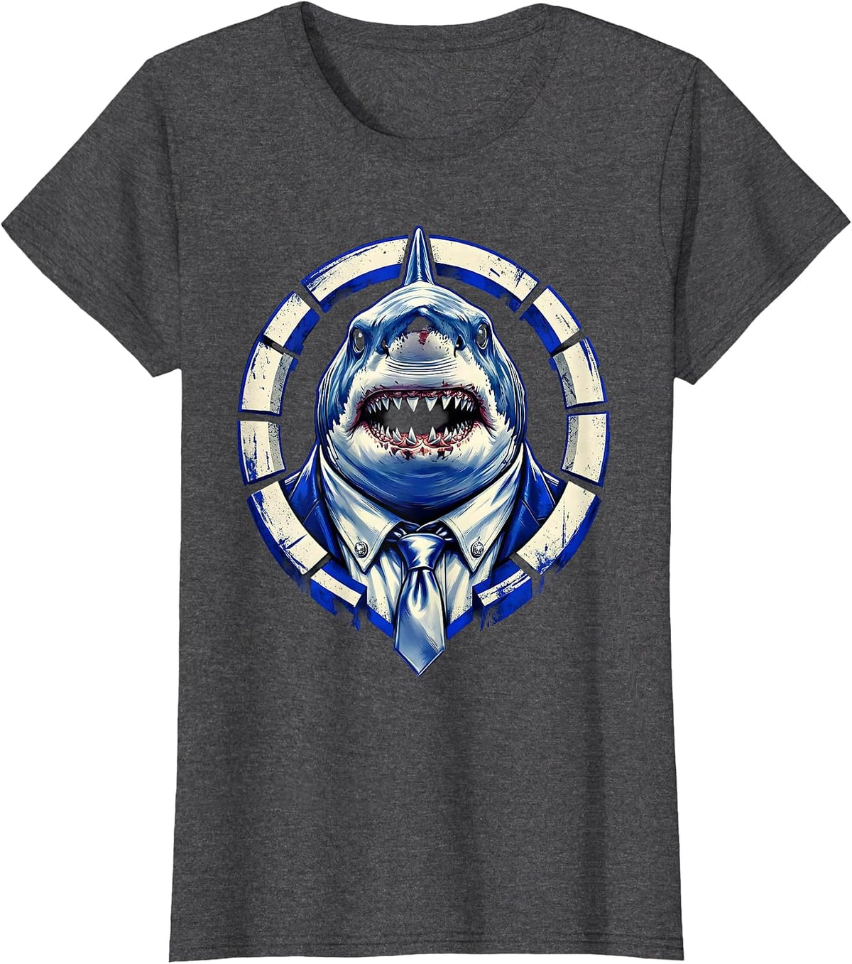 Women's Shark Boss Necktie Cufflinks Graphic Design T-Shirt - Dark Heather Grey