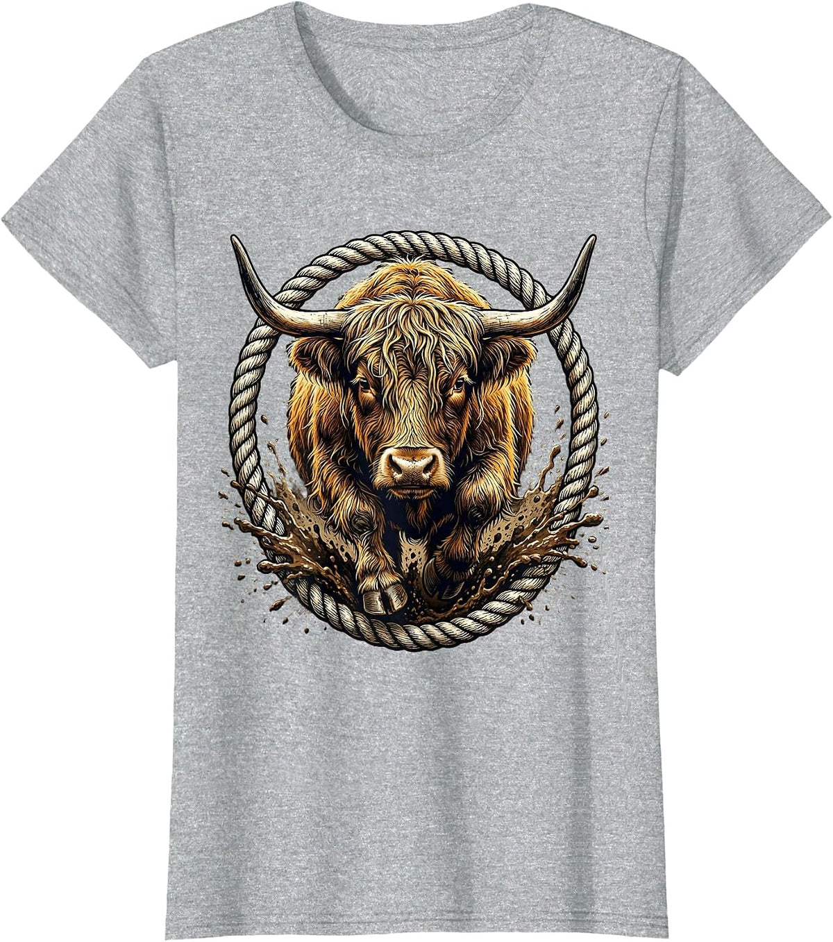 Highland Cow Charging Through Mud Graphic T-Shirt - Heather Grey