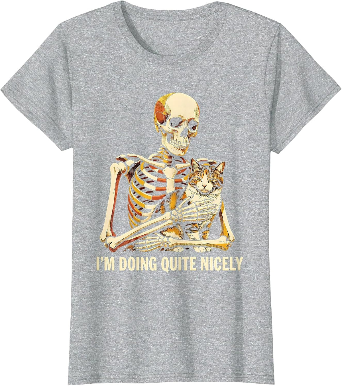Women's I'm Doing Quite Nicely Risograph Skeleton Hugging Cat T-Shirt - Heather Grey