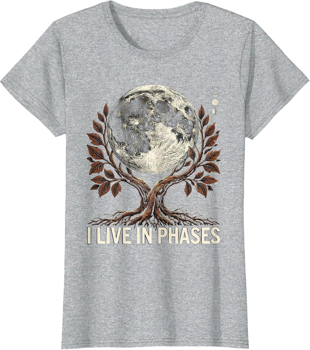 I Live In Phases Mystic Moon Phases Boho Celestial Botanical T-Shirt - Heather Grey