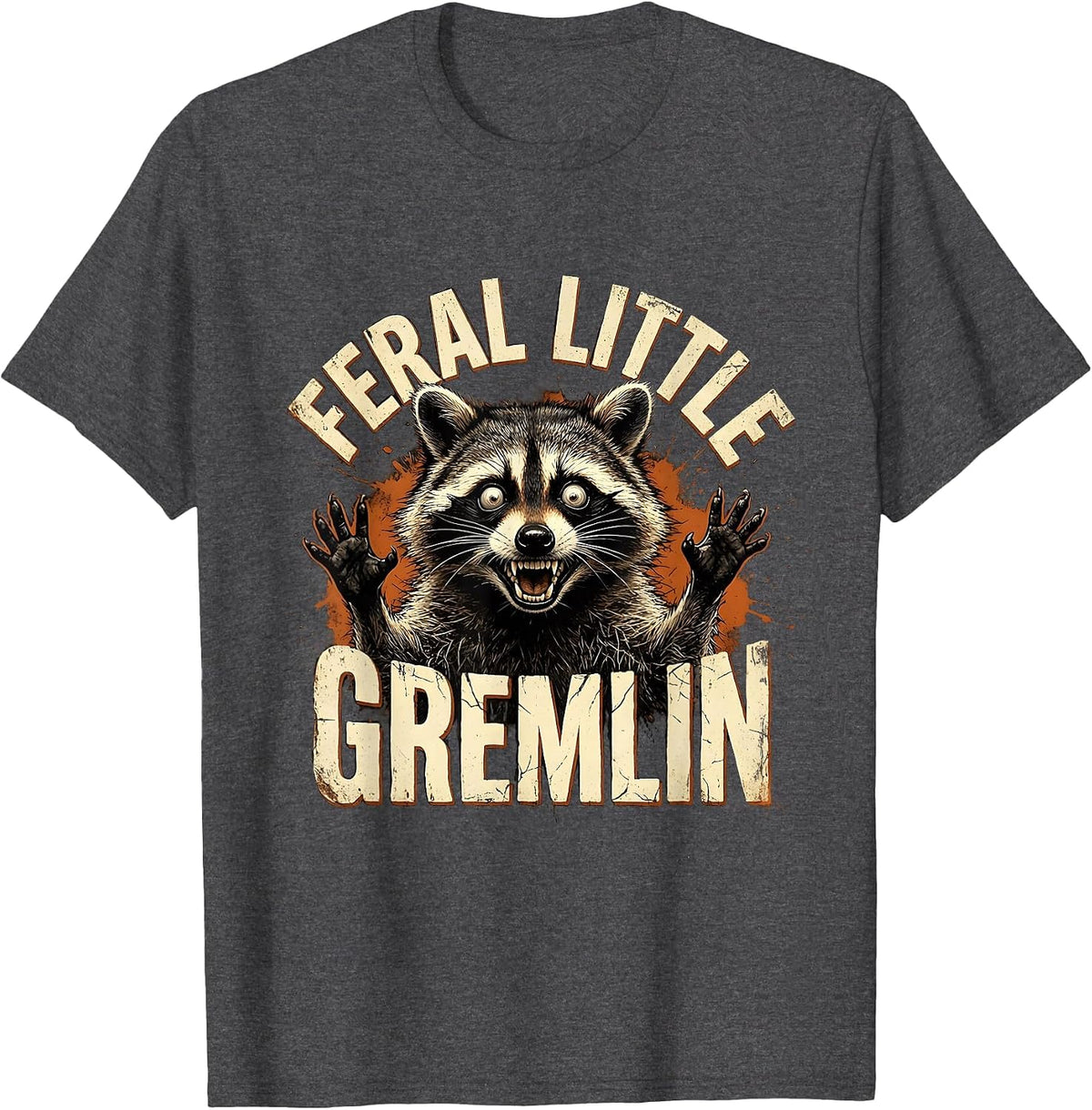 Feral Little Gremlin Raccoon Design T-Shirt - Dark Heather Grey