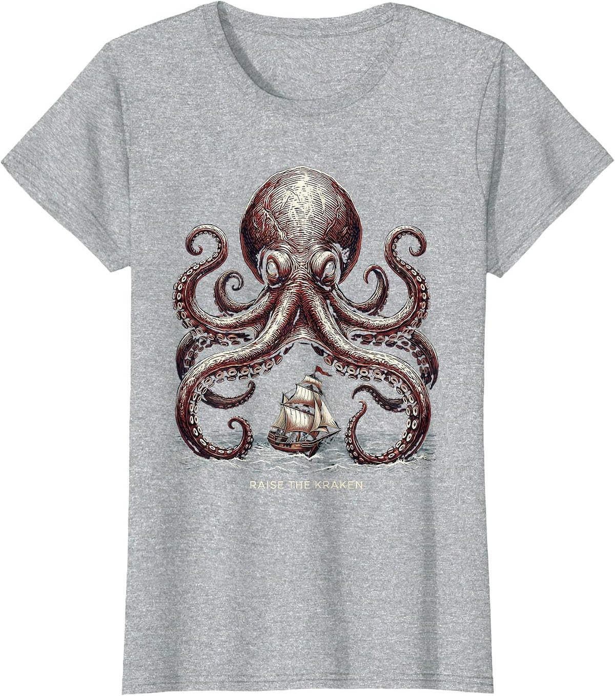 Raise The Kraken Woodcut Engraving Octopus Lover Marine T-Shirt - Heather Grey