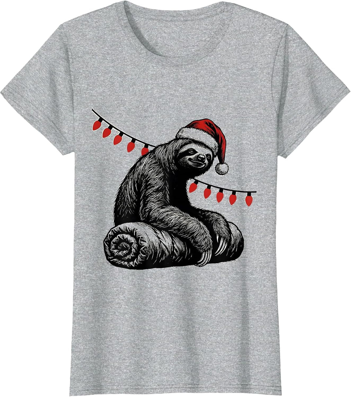 Women's Sloth Sleeping Bag Santa Hat Funny Christmas Lights T-Shirt - Heather Grey