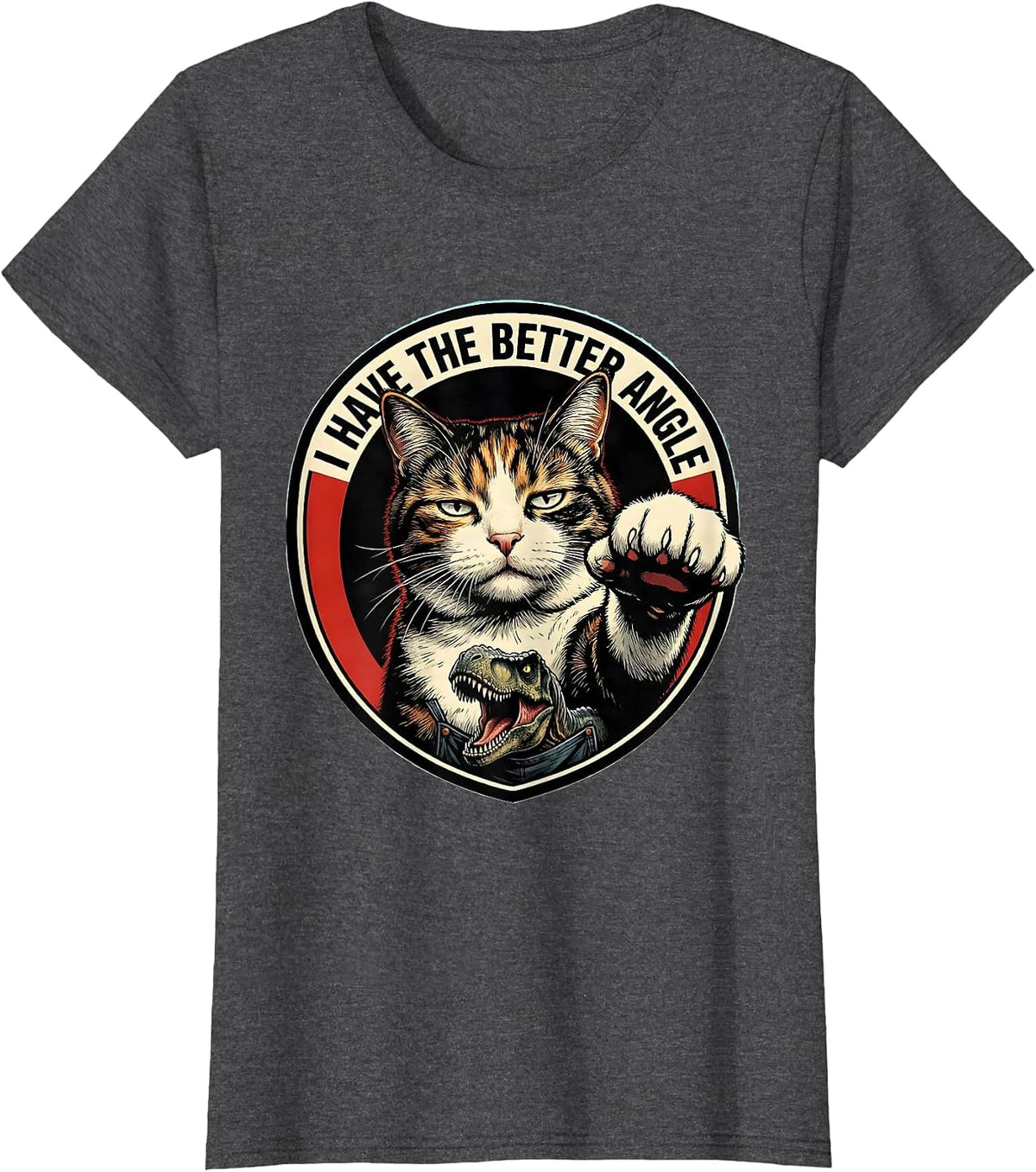 Women's I Have The Better Angle Comic Book Cat Selfie With T-Rex T-Shirt - Dark Heather Grey