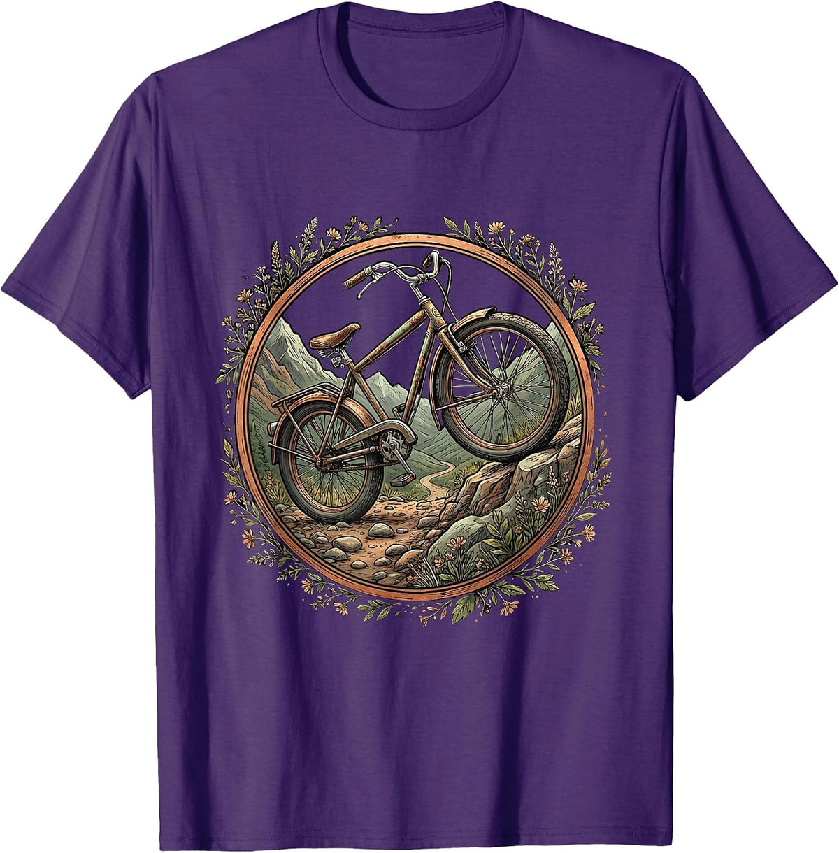 Rusted Bicycle Mountain Trail Progress Over Perfection T-Shirt - Purple