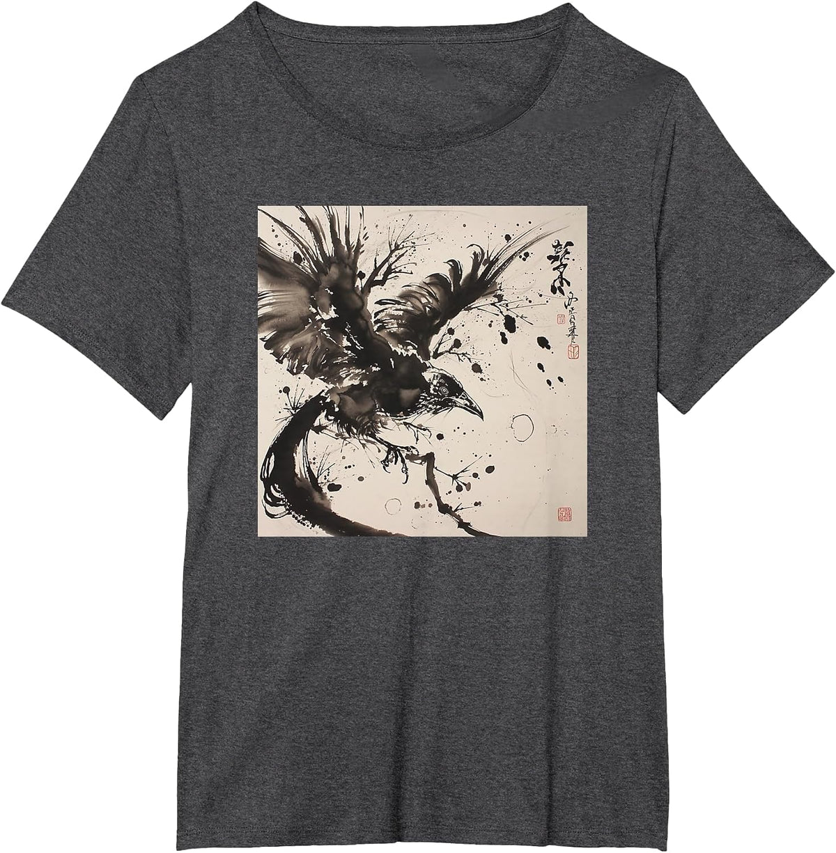 Japanese Ink Art Crow- Raven Ink Art Graphic T-Shirt - Dark Heather Grey