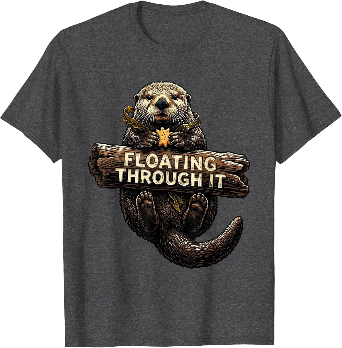 Floating Through It Linocut Sea Otter Humor Gift T-Shirt - Dark Heather Grey
