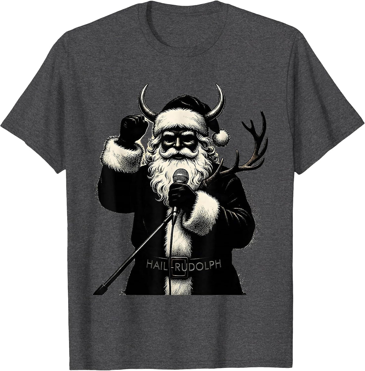 Men's Hail Rudolph Blackwork Dotwork Heavy Metal Santa Parody T-Shirt - Dark Heather Grey