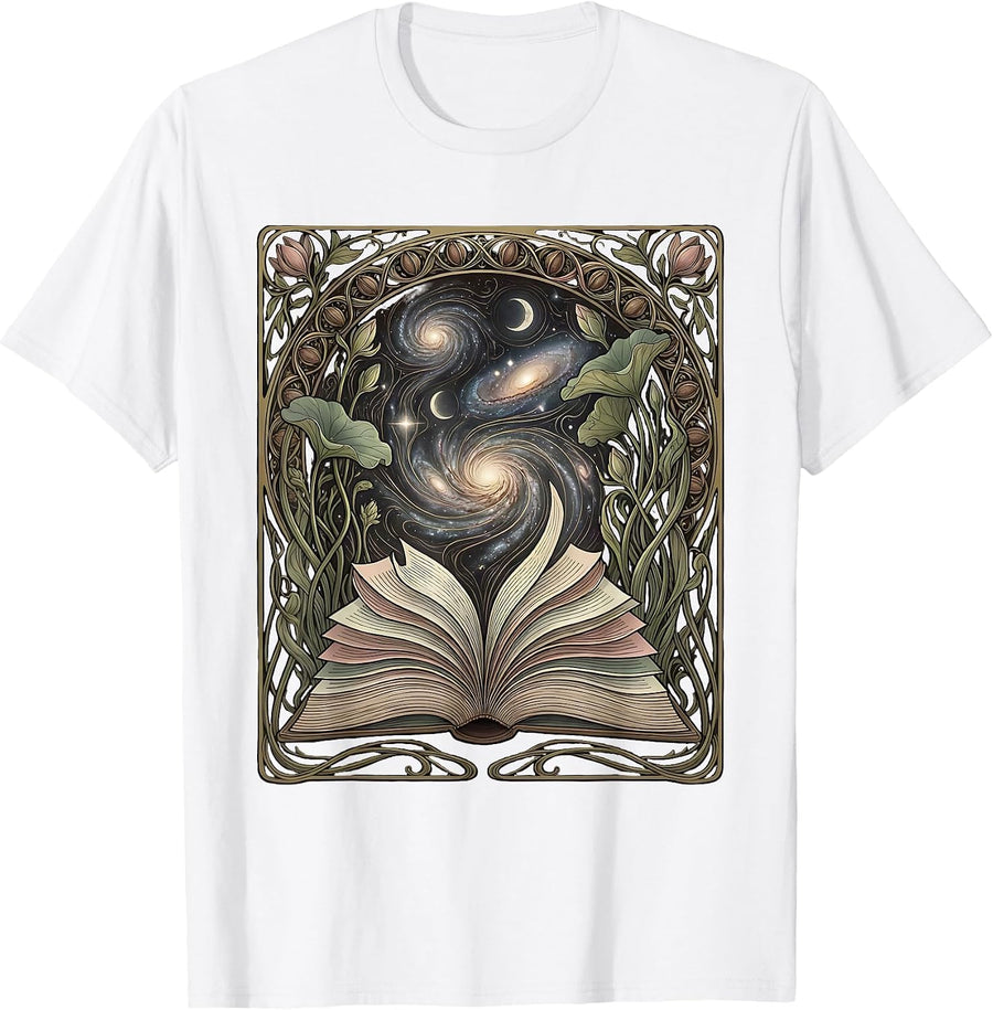 Open Book Galaxy Illustration Cosmic Reading T-Shirt - White