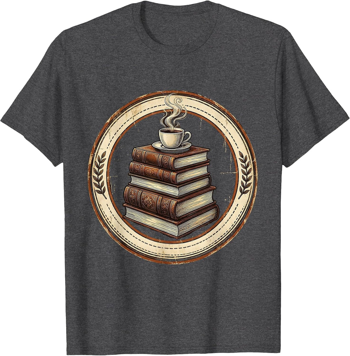 English Teacher Classic Novels and Coffee Illustration T-Shirt - Dark Heather Grey