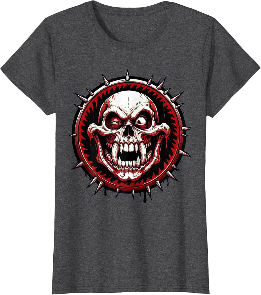 Women's Skull With Oversized Fang Teeth Graphic Design T-Shirt - Dark Heather Grey
