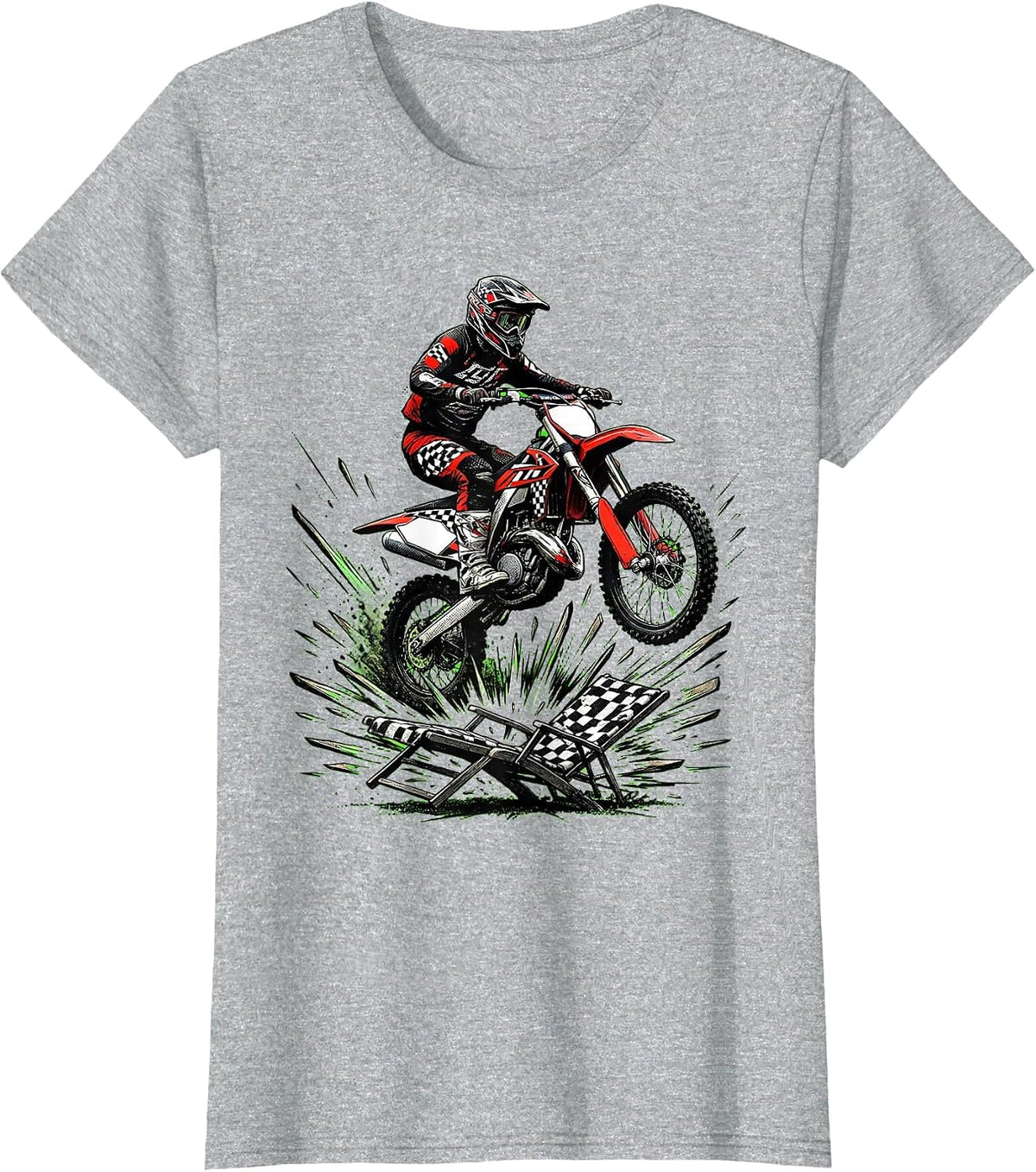 Women's Motocross Rider Helmeted Bike Over Lounge Chair Humor T-Shirt - Heather Grey