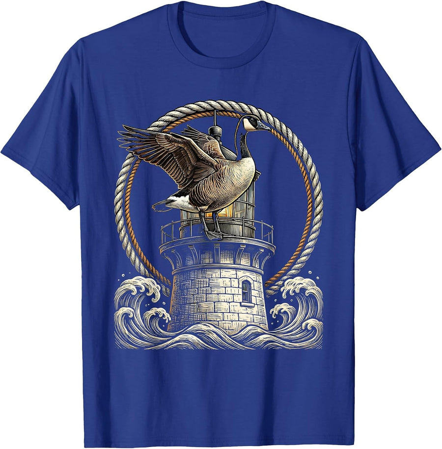 Goose on a Vintage Lighthouse Graphic T-Shirt - Royal Blue