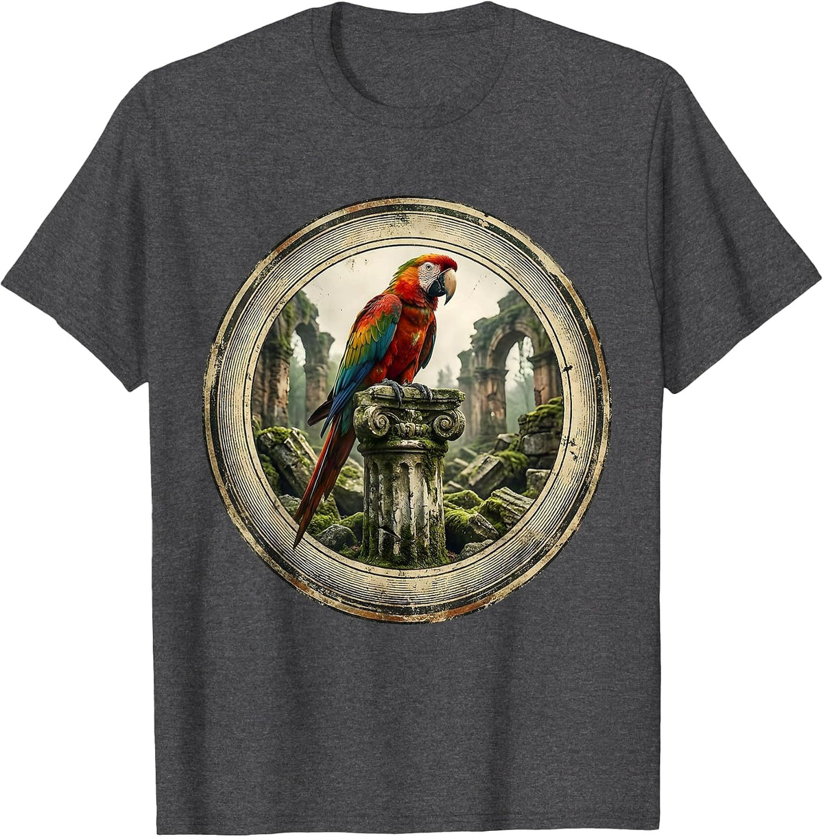 Men's Parakeet on Stone Ruins Graphic Design T-Shirt - Dark Heather Grey