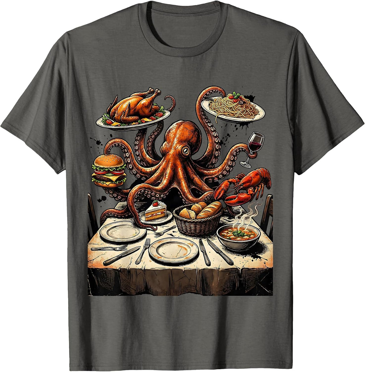 Octopus Stealing Food at Restaurant Table T-Shirt - Asphalt Grey