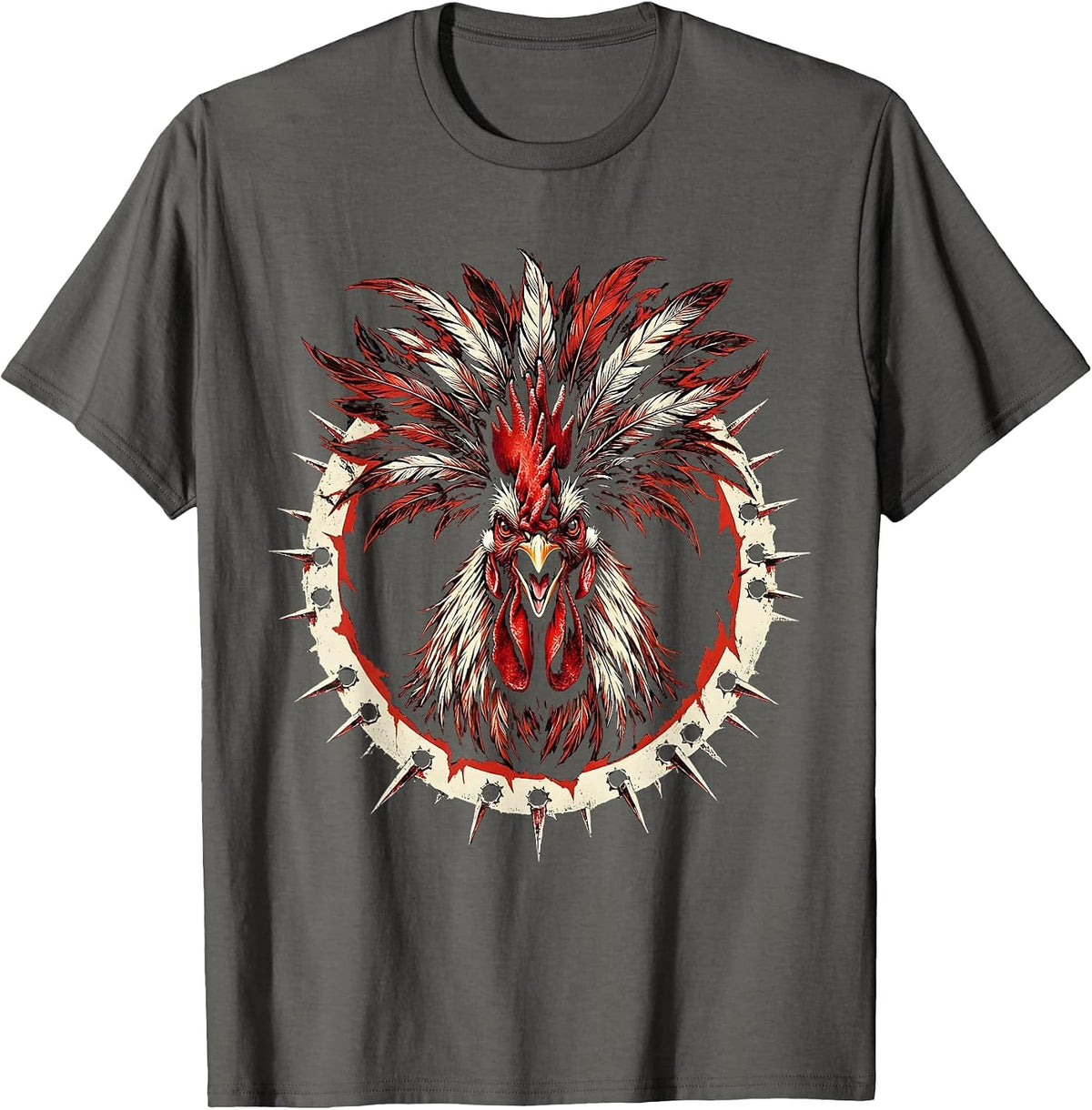 Rooster King Feather Crown Illustration T-Shirt - Asphalt Grey