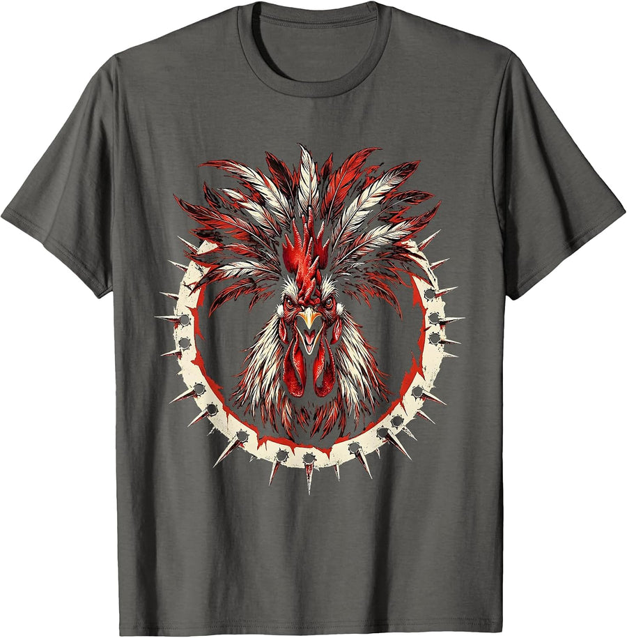 Rooster King Feather Crown Illustration T-Shirt - Asphalt Grey