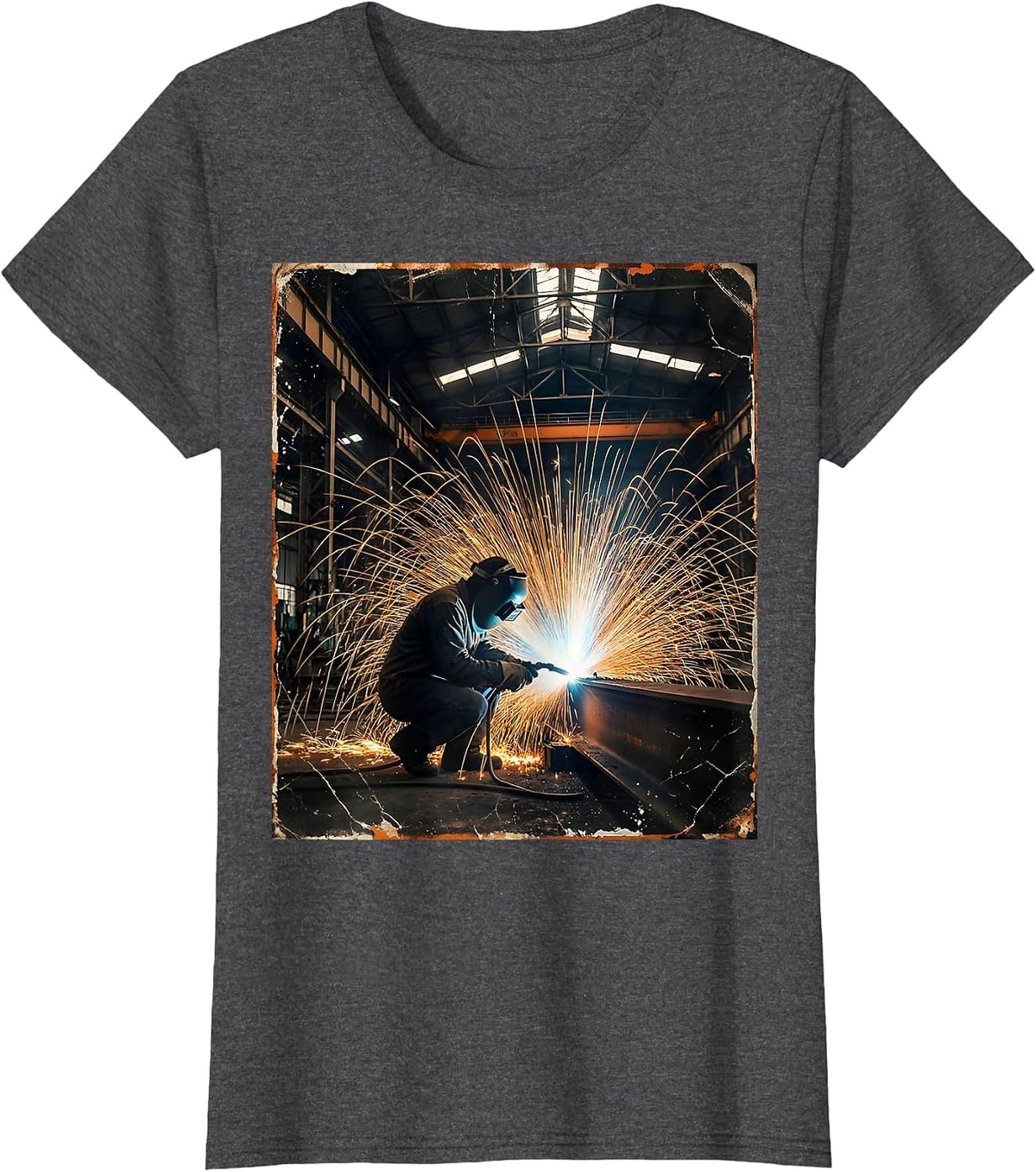 Women's Arc Flash Welder Dark Industrial Warehouse Scene T-Shirt - Dark Heather Grey