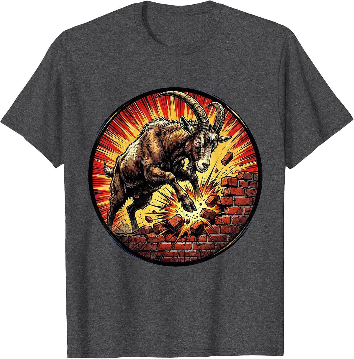 Stubborn Goat Headbutting Brick Wall Funny Art T-Shirt - Dark Heather Grey