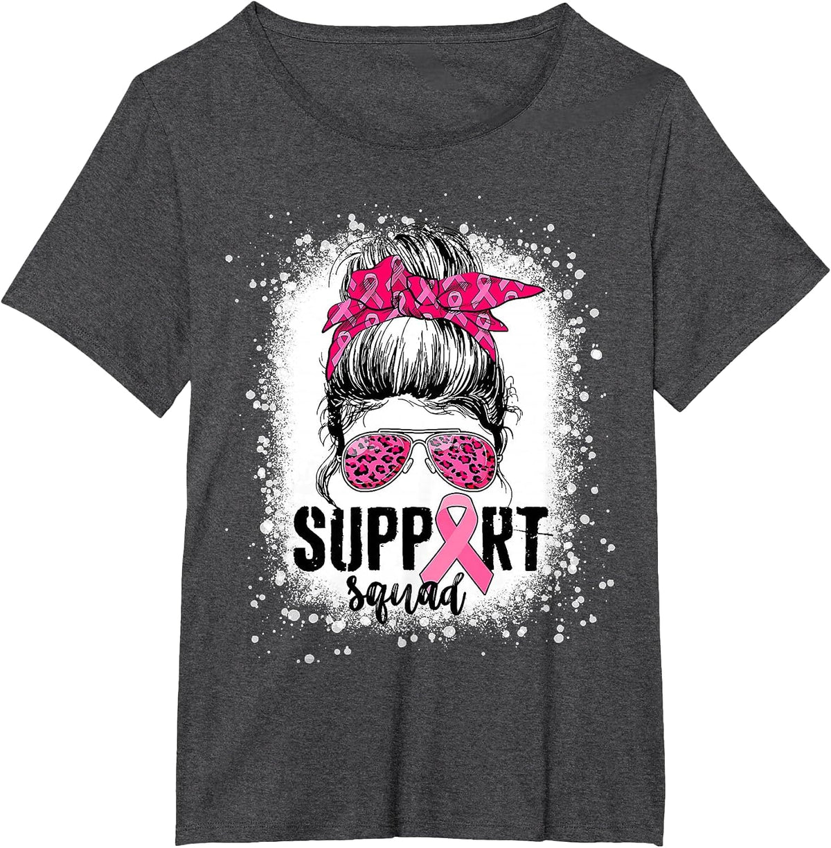 Support Squad Messy Bun Pink Warrior Breast Cancer Awareness T-Shirt - Dark Heather Grey