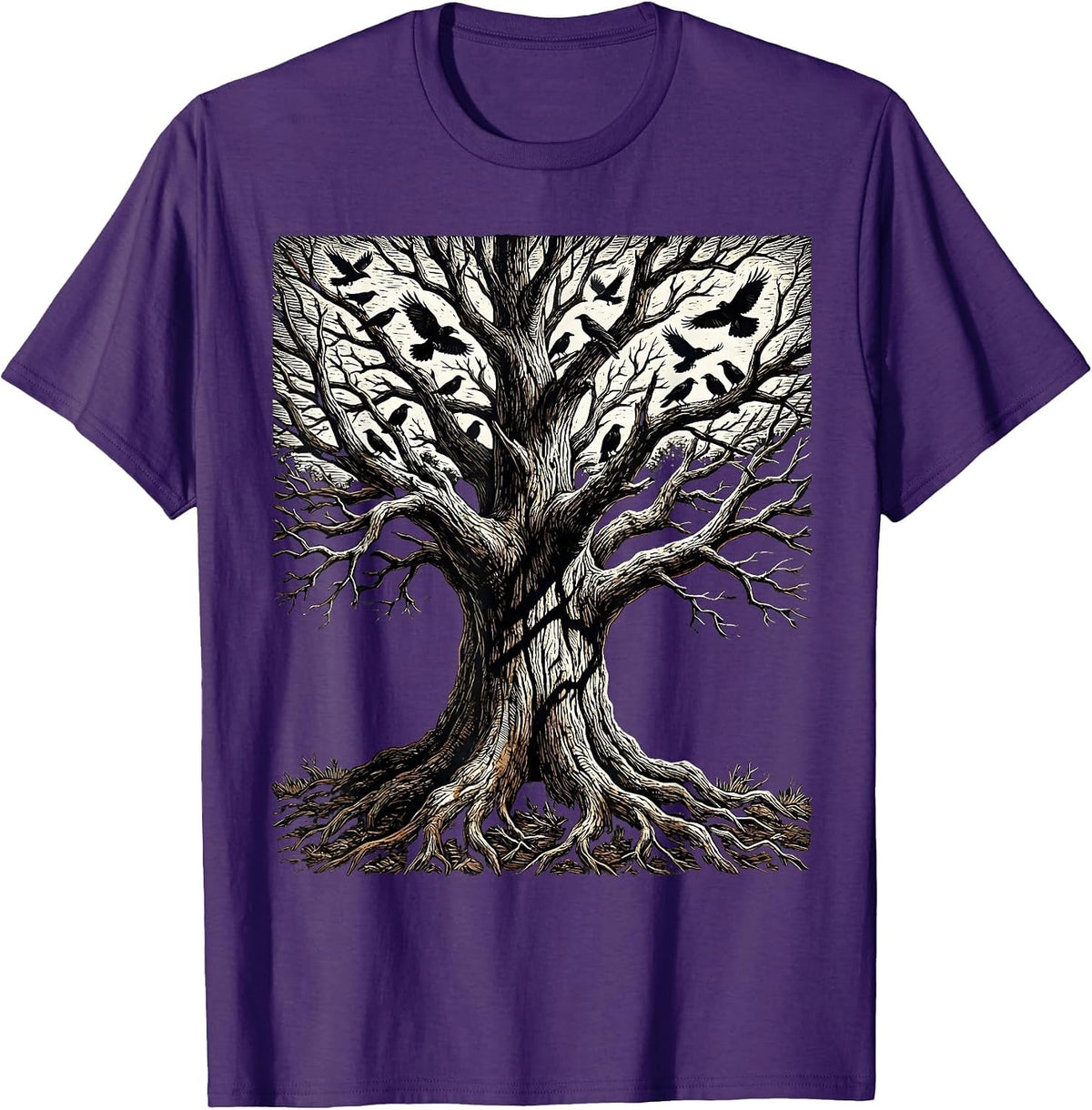 Bare Tree Crow Silhouette Fall Nature Design T-Shirt - Purple