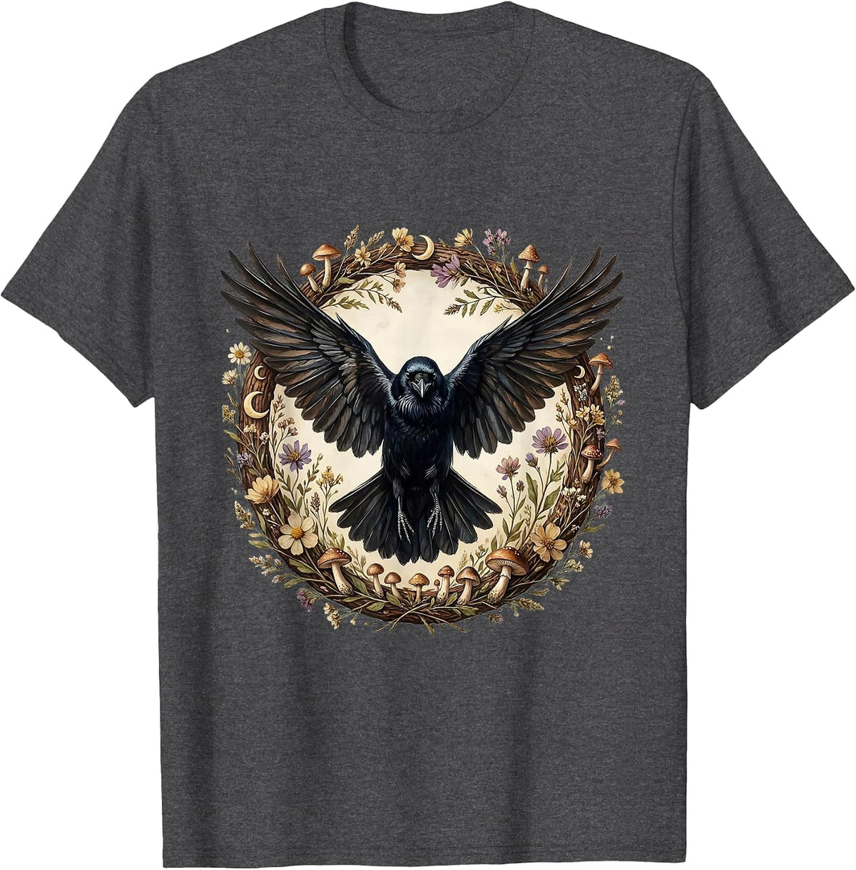 Crow in Flight Spread Wings Bird Art T-Shirt - Dark Heather Grey