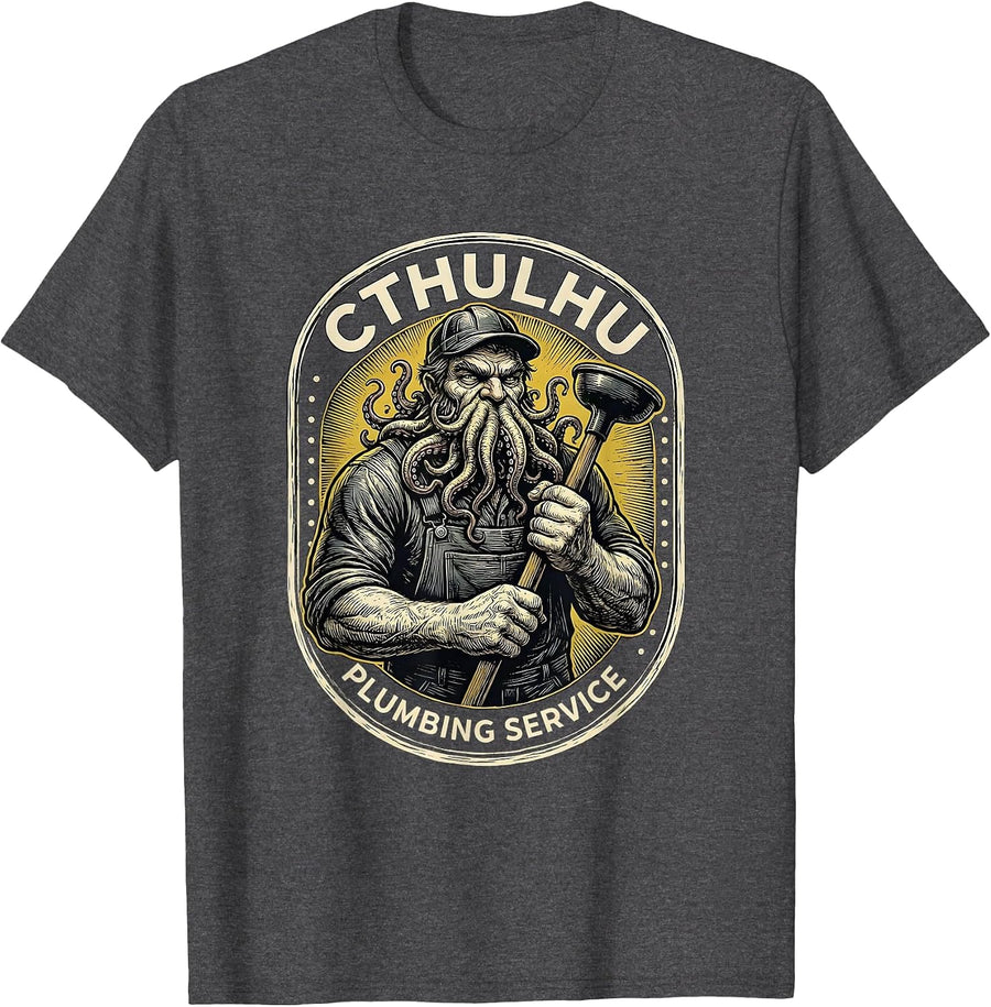 Men's Cthulhu Plumbing Service Funny Horror Fan Cosmic Parody T-Shirt - Dark Heather Grey