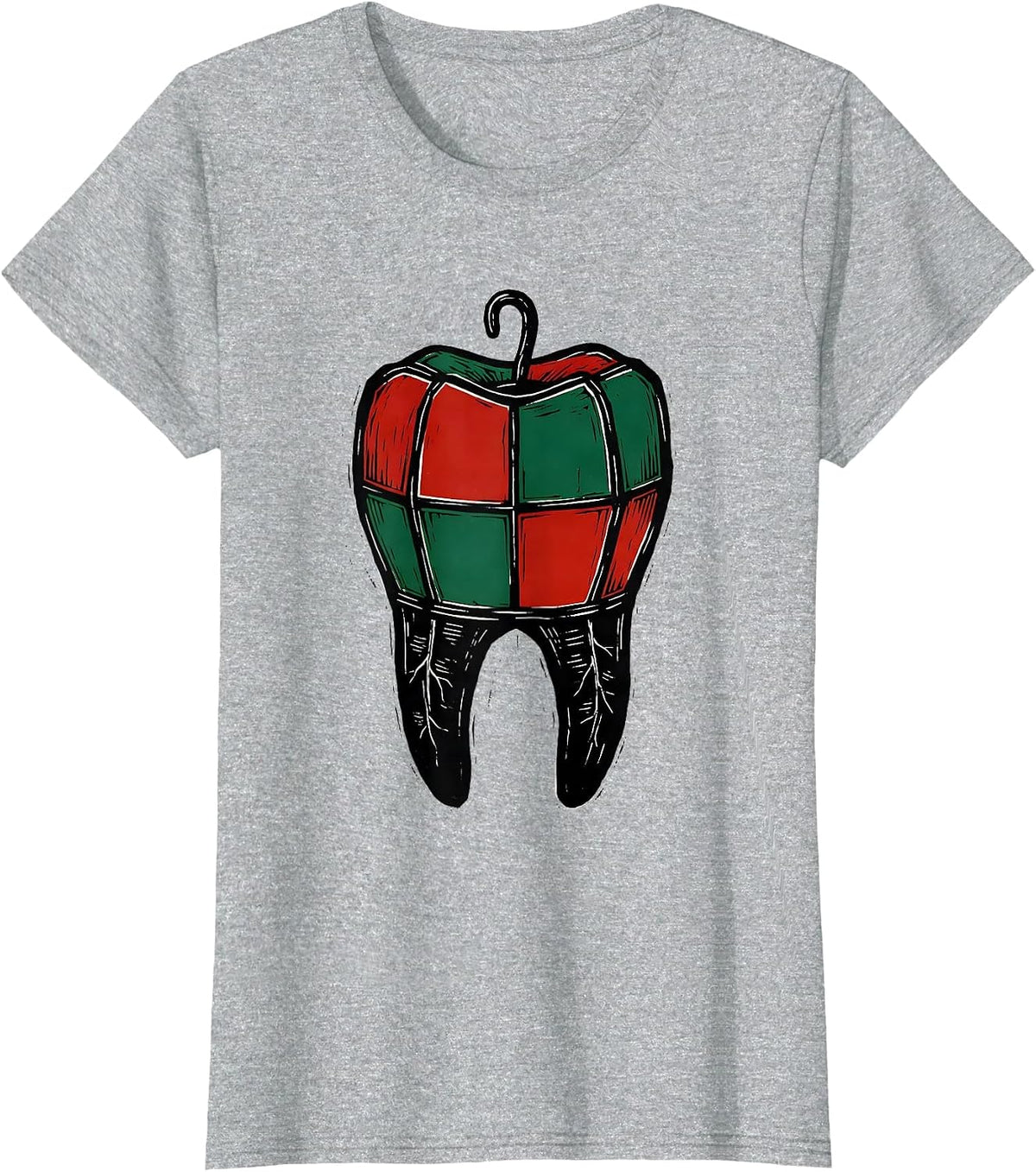 Twin Root Molar Christmas Lantern Linocut Dentist Humor T-Shirt - Heather Grey