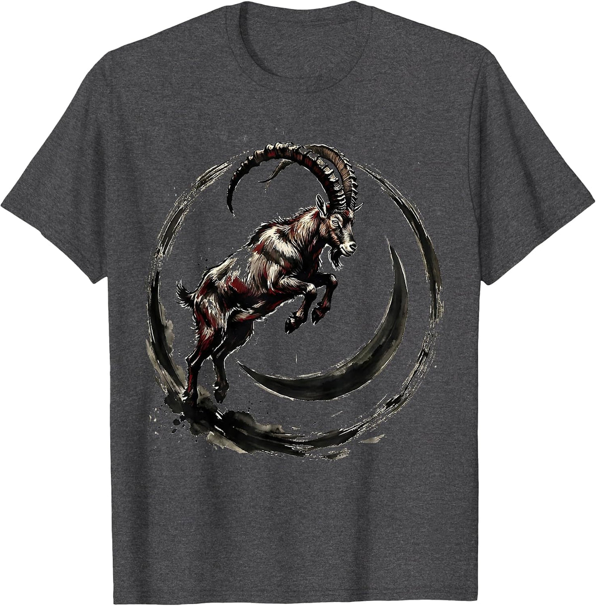 Goat Leaping Over Crescent Moon Illustration T-Shirt - Dark Heather Grey