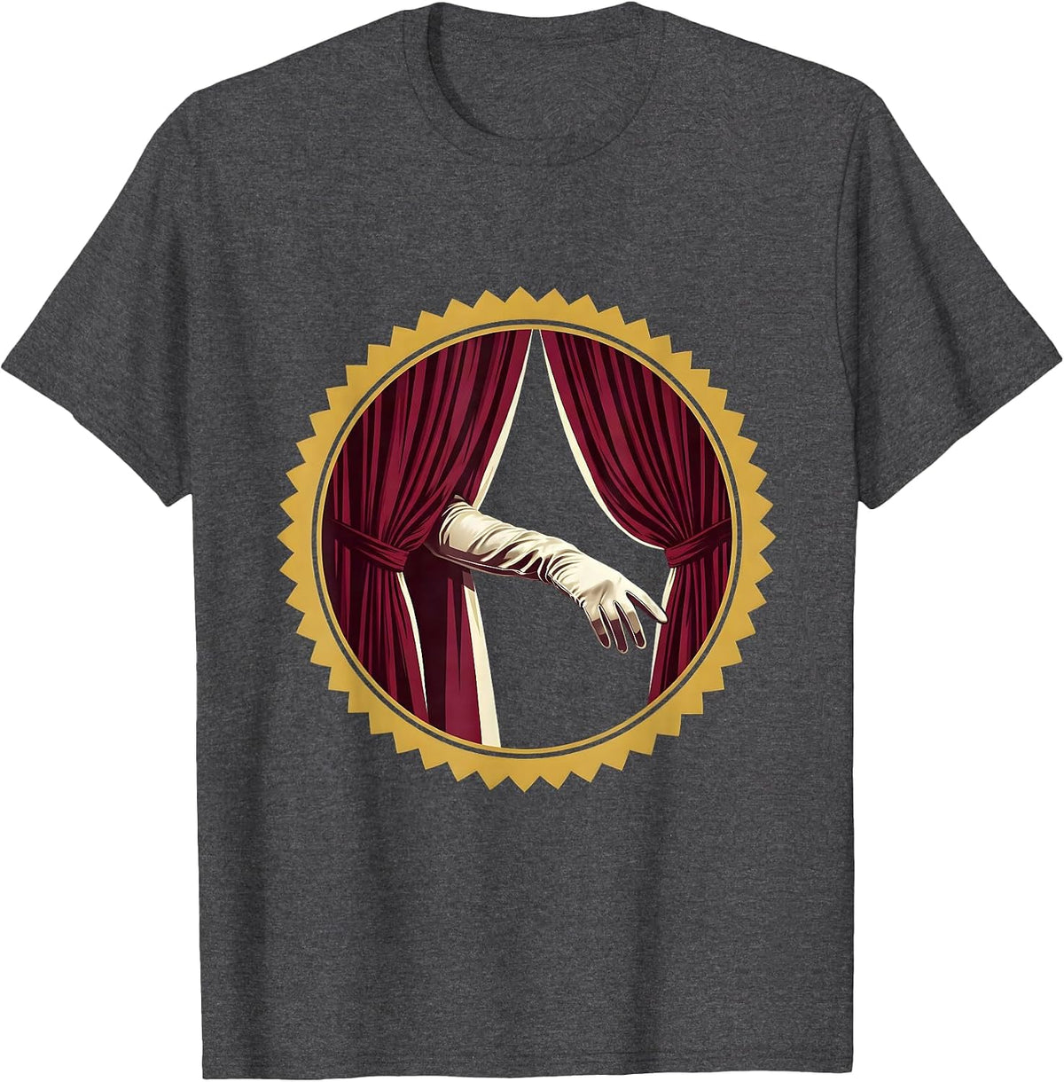 Men's Showgirl Gloved Hand Behind Curtain Graphic T-Shirt - Dark Heather Grey