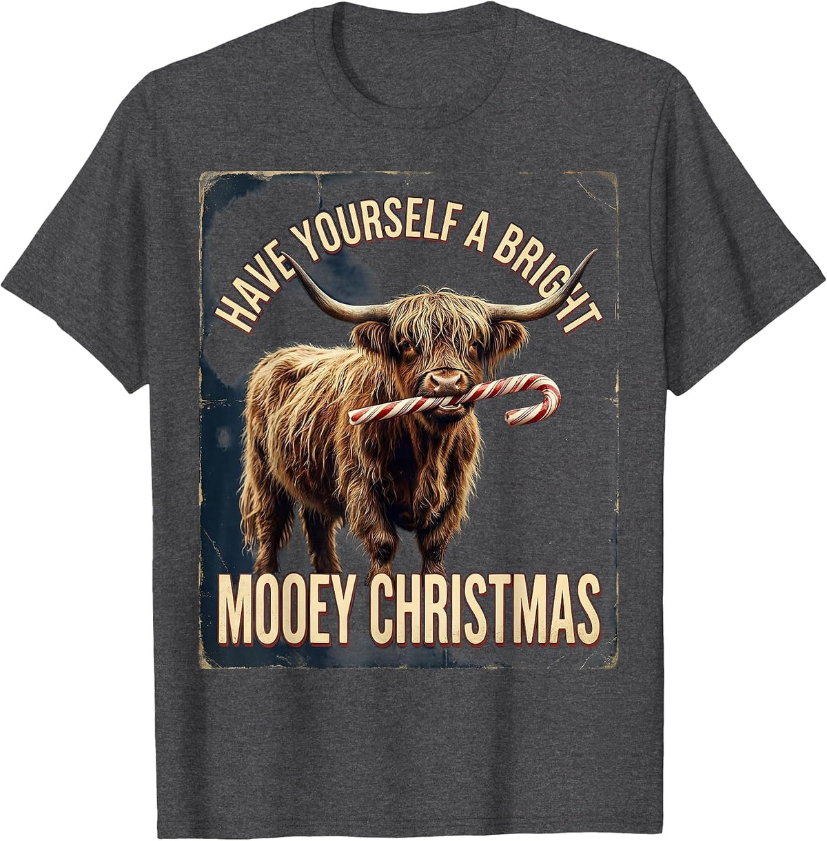 Men's Have Yourself A Bright Mooey Christmas Vintage Highland Cow T-Shirt - Dark Heather Grey