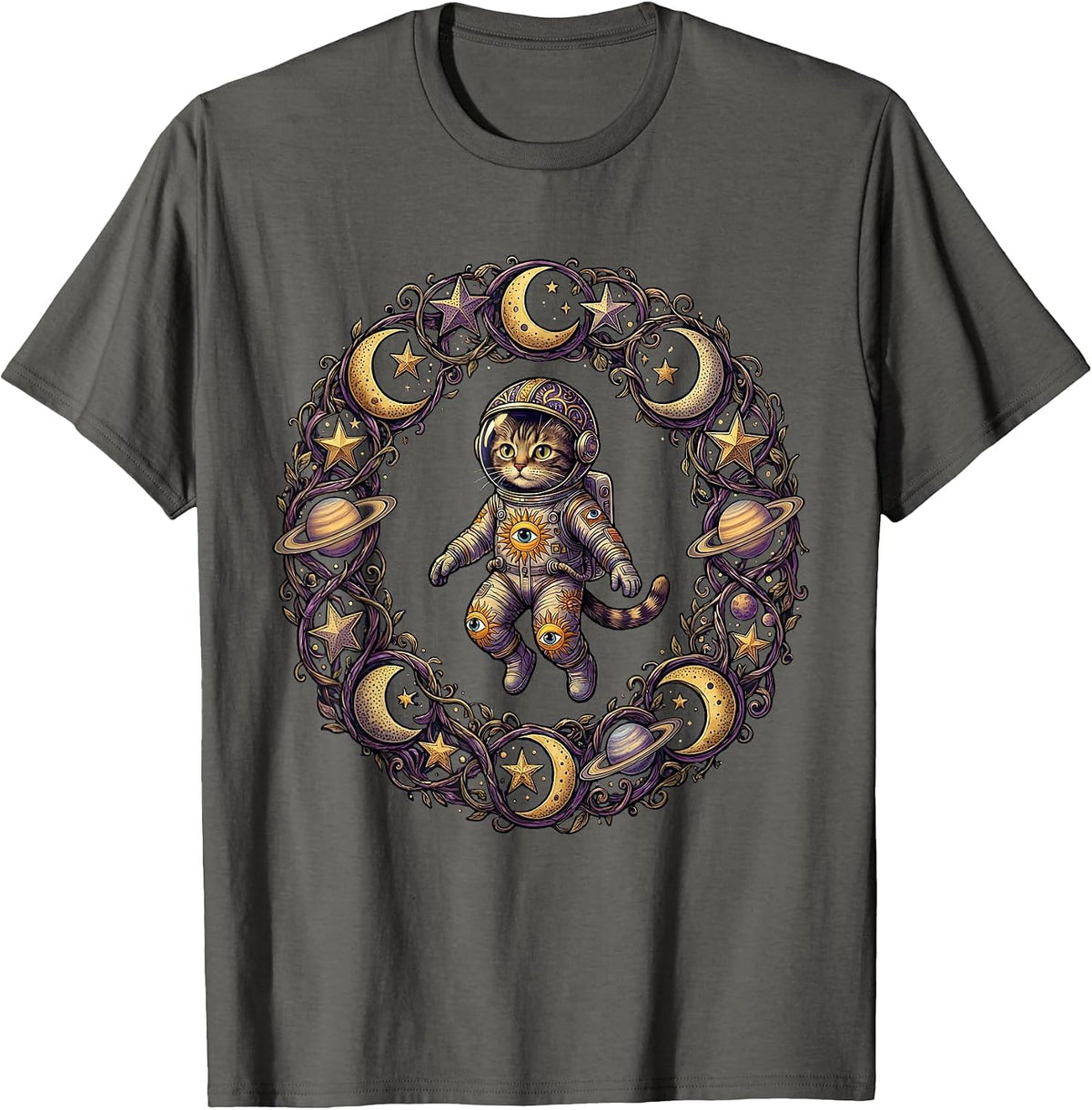 Men's Cat Astronaut Floating in Outer Space Illustration T-Shirt - Asphalt Grey