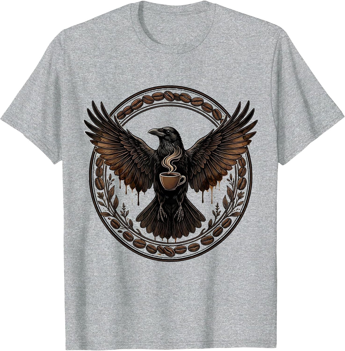 Men's Crow With Coffee-Stained Wings Outstretched T-Shirt - Heather Grey