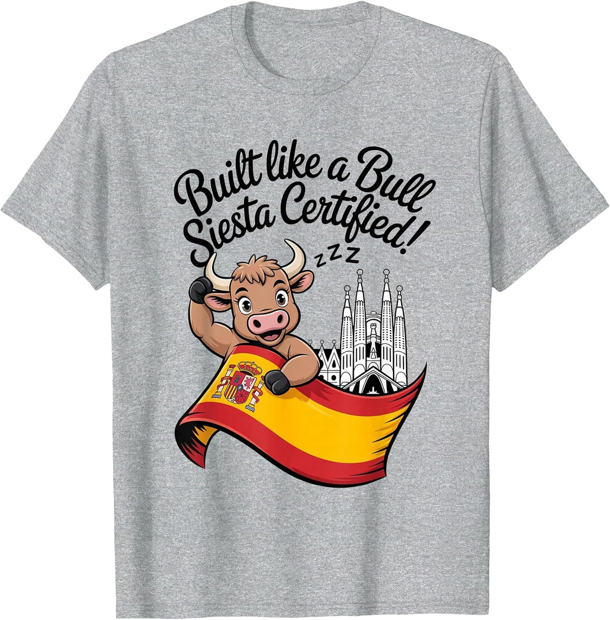 Spanish Bull with Spain Flag Barcelona Landmark Travel T-Shirt - Heather Grey