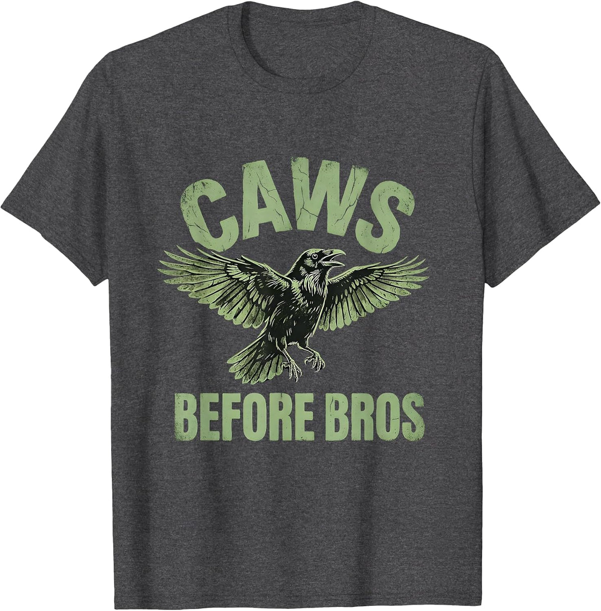 Caws Before Bros Funny Crow Bird Design T-Shirt - Dark Heather Grey