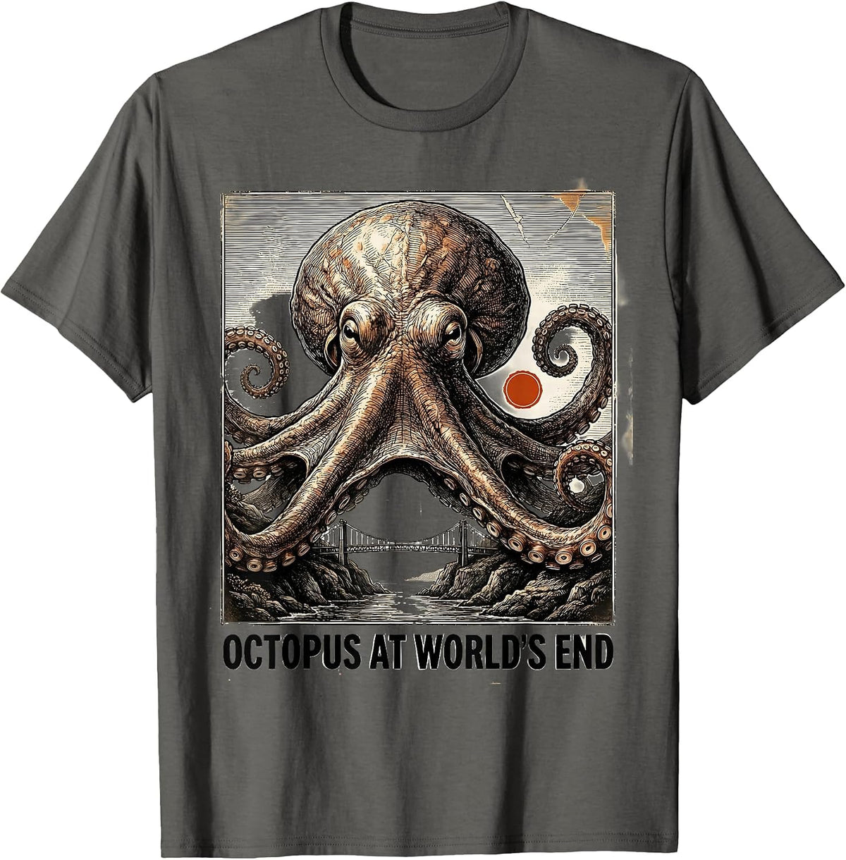 Men's Octopus at World's End Antique Plate-Illustration Octopus T-Shirt - Asphalt Grey