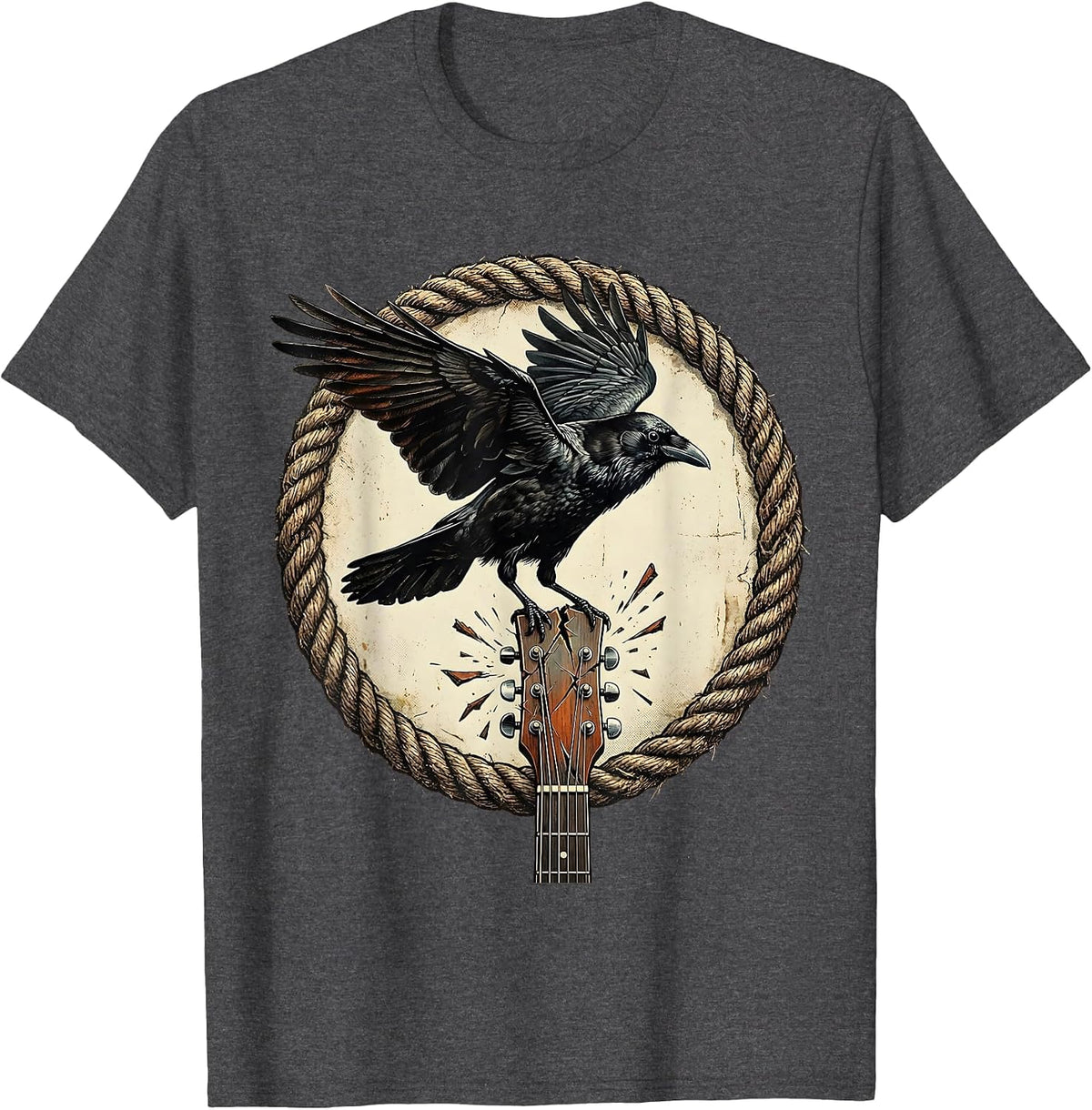 Crow on Broken Guitar Neck Rock Art Design T-Shirt - Dark Heather Grey