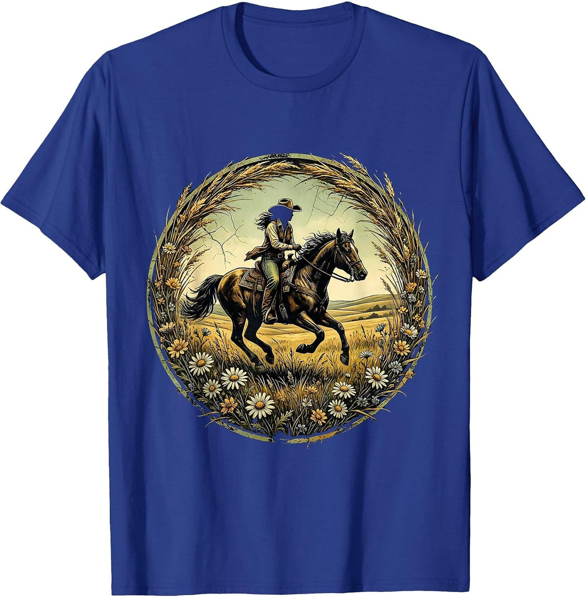 Cowgirl Galloping Horse Through Open Meadow T-Shirt - Royal Blue