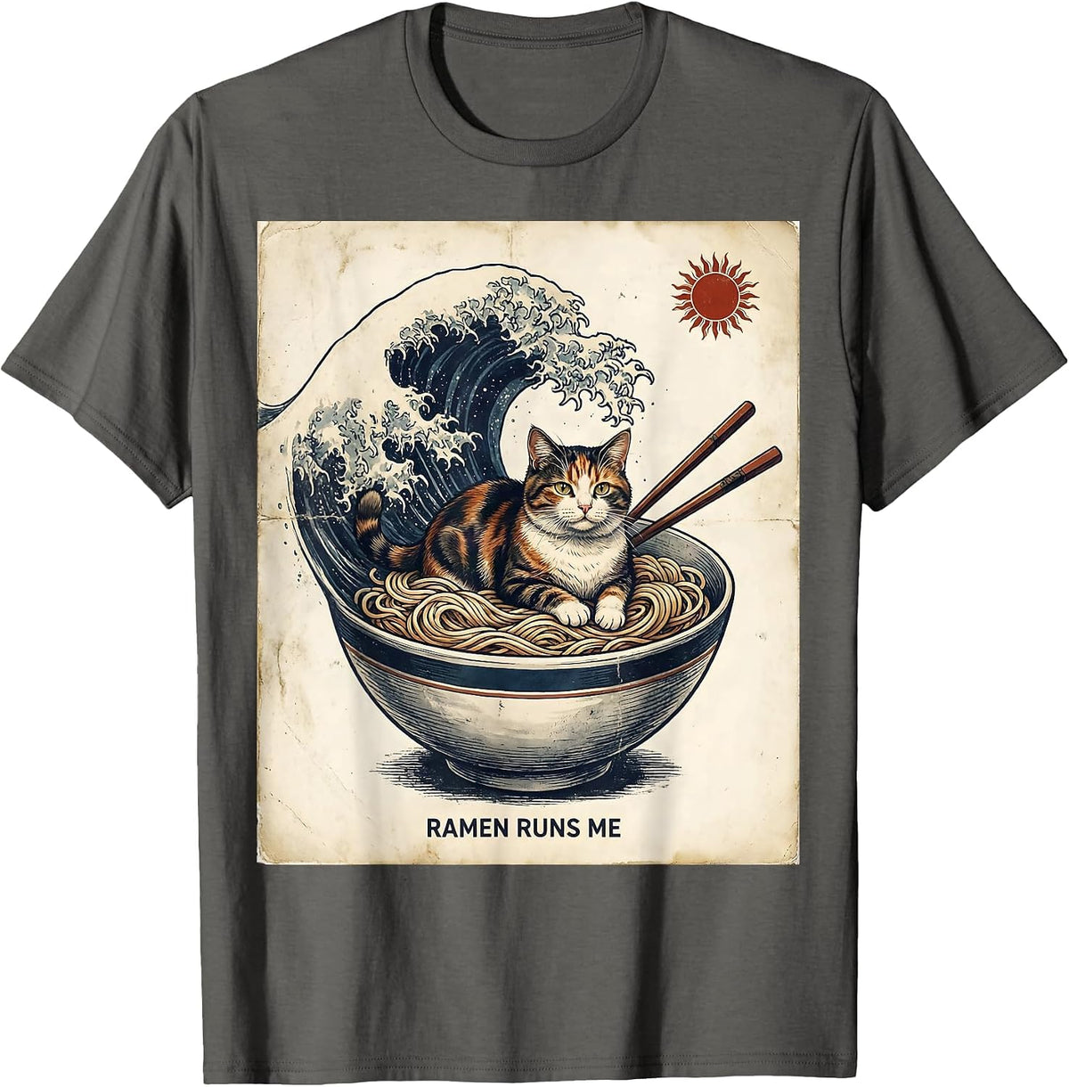 Men's Ramen Runs Me Vintage Anime Cat Novelty Humor T-Shirt - Asphalt Grey
