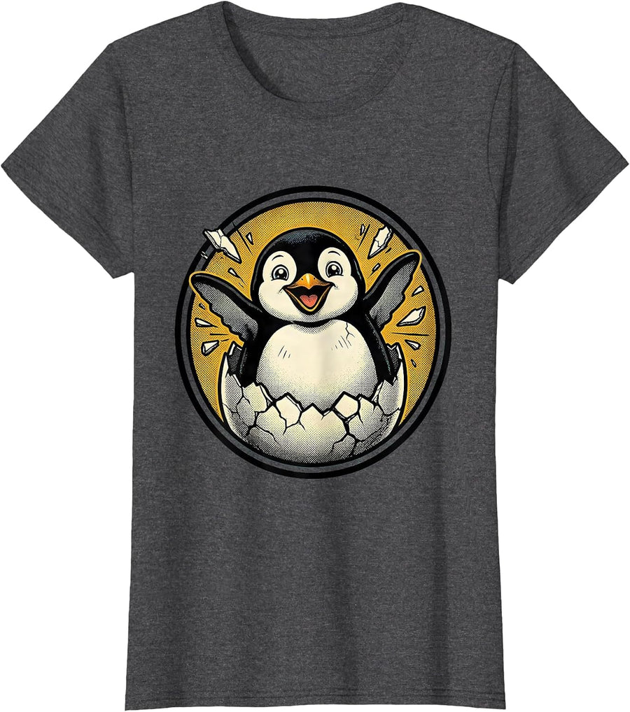Women's Baby Penguin Hatching From Egg Cute Graphic T-Shirt - Dark Heather Grey